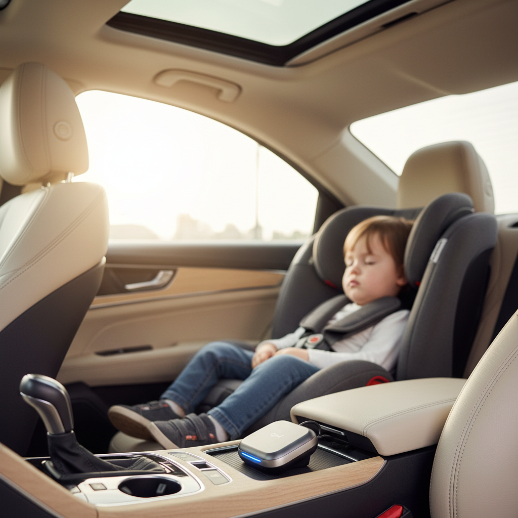 KIDZALERT single sensor car seat alarm plugged into 12V port with child in car seat